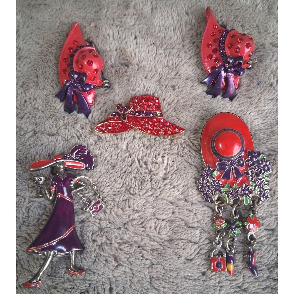Vintage Red Hat Society Brooch Set 5pc Enamel Rhinestone Purple Red Lady Pins